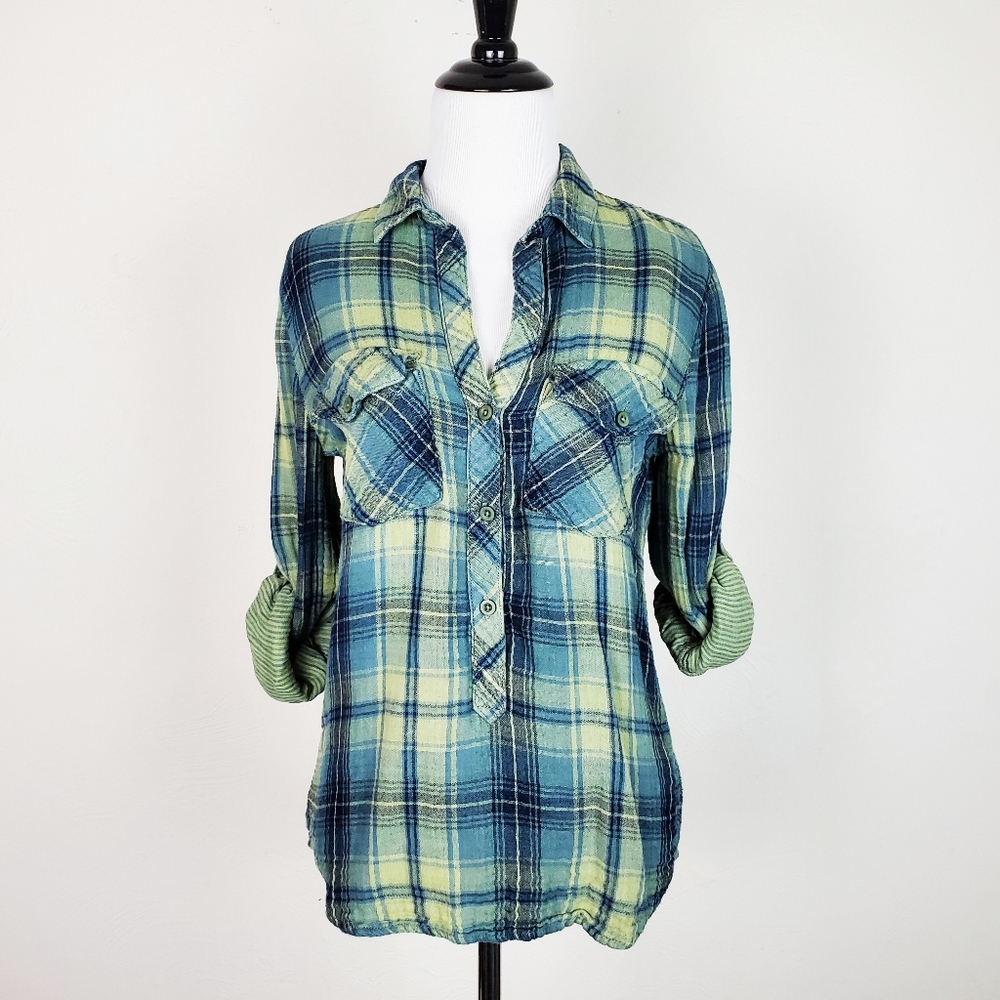 Bella Dahl Blouse Top Plaid Popover Green Pockets Western Outdoor Boho Cabin